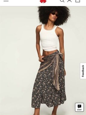 Lucky Brand Black Floral Maxi Wrap Skirt with Taupe Tie